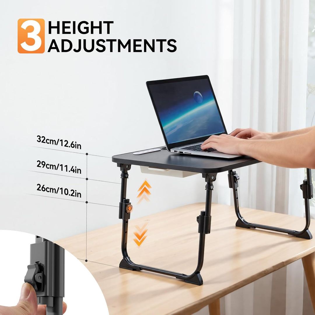 Warmiehomy Laptoptisch fürs Bett, Höhenverstellung Tablettisch mit klappbaren Beinen & Getränkehalte