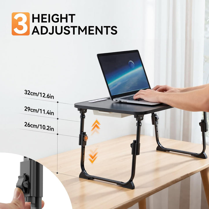 Warmiehomy Laptoptisch fürs Bett, Höhenverstellung Tablettisch mit klappbaren Beinen & Getränkehalte