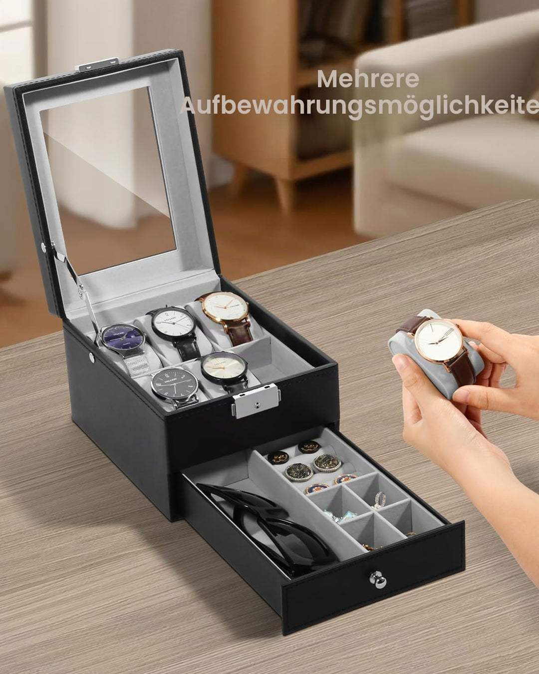 Uten Uhrenbox, 6 Fächern und 1 Schublade mit Schlüsselschloss, Glasdeckel, Schwarzes PU, Graues Samt