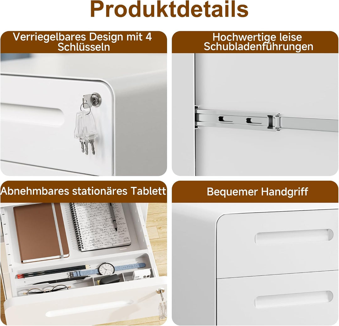 Rollcontainer, Mobiler Aktenschrank mit Schloss, Abgerundeten Ecken, 4 Schlüssel, Druckertisch, Bere