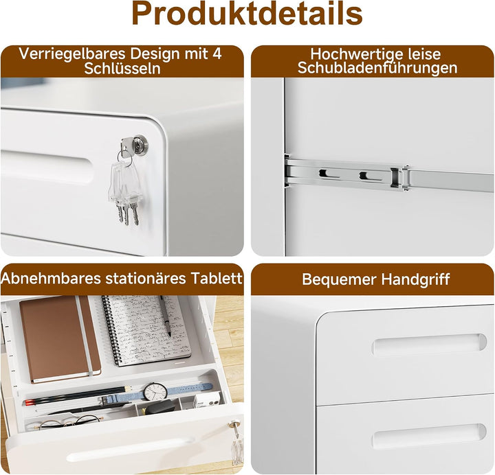 Rollcontainer, Mobiler Aktenschrank mit Schloss, Abgerundeten Ecken, 4 Schlüssel, Druckertisch, Bere