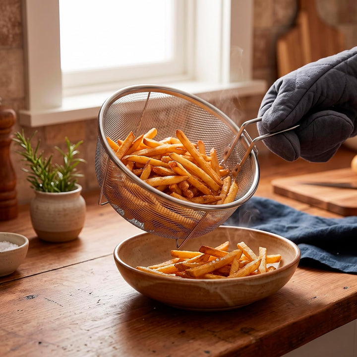 Frisierkorb mit Klappbarem Griff und Haken für die Pfanne - Runder Fritteusekorb - Edelstahl - 23 cm