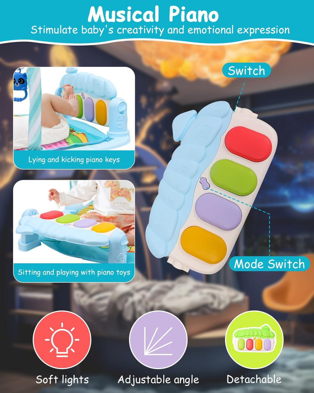 Baby Spielbogen Spieldecke,pieldecke Baby-Spielmatte mit Klavier,Spielmatte mit Spielbogen abnehmbar