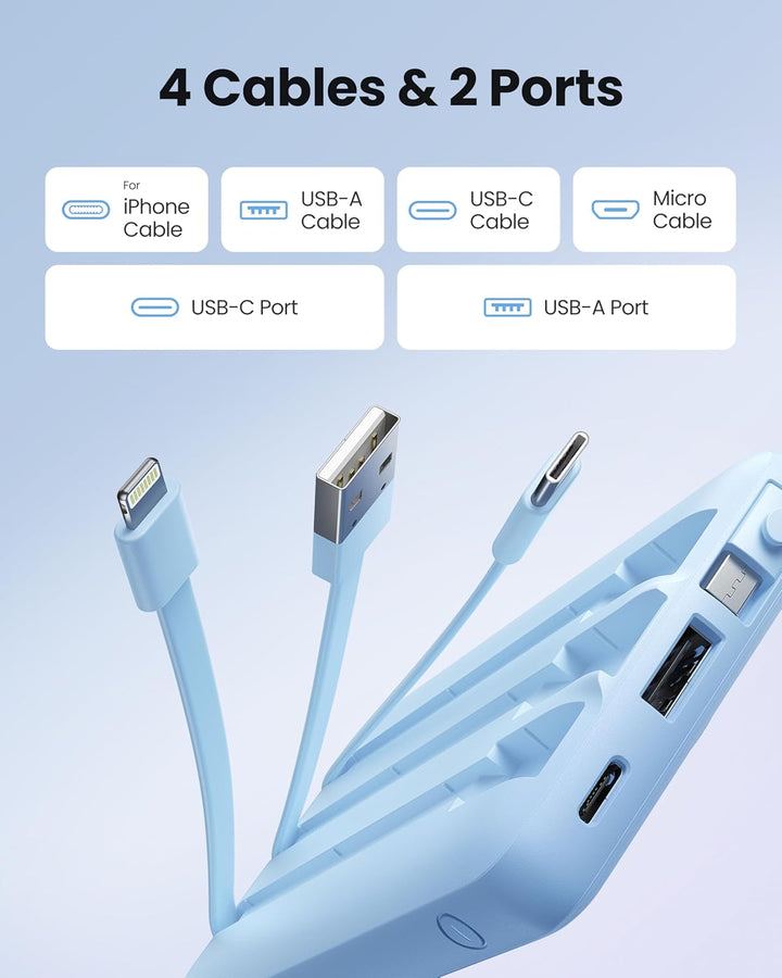 10000mAh Powerbank mit Integriertem Kabel, USB C Tragbares Ladegerät, 5 Ausgänge 2 Eingänge LED Disp