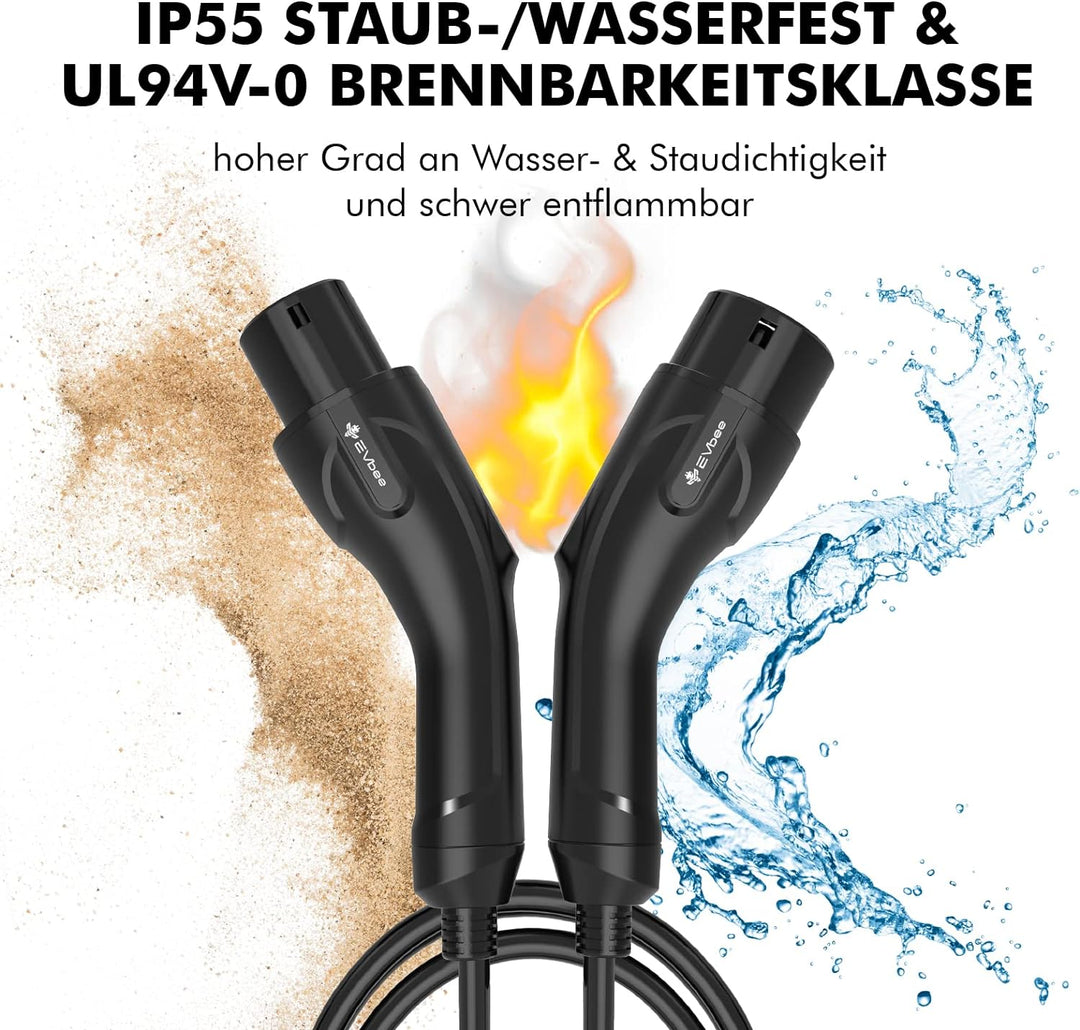 EVbee EV Typ 2 zu Typ 2 Universal Ladekabel Mode 3 für Hybrid- &amp; Elektroautos 22kW / 5m (380V, 32A,