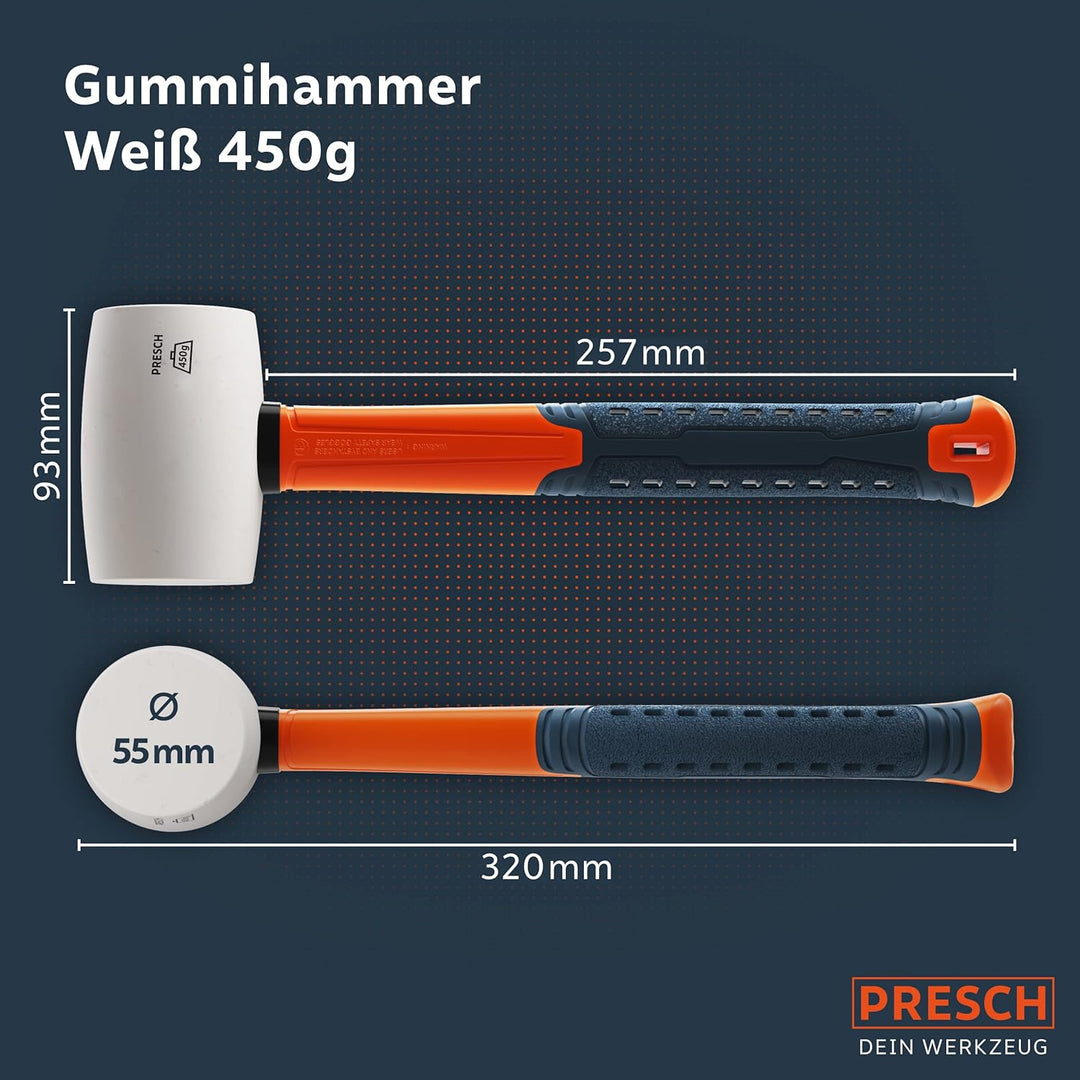 Presch Gummihammer Weiss 450g - Hartgummihammer mit Fiberglasstiel - ⌀=55mm - Weisser Naturkautschuk