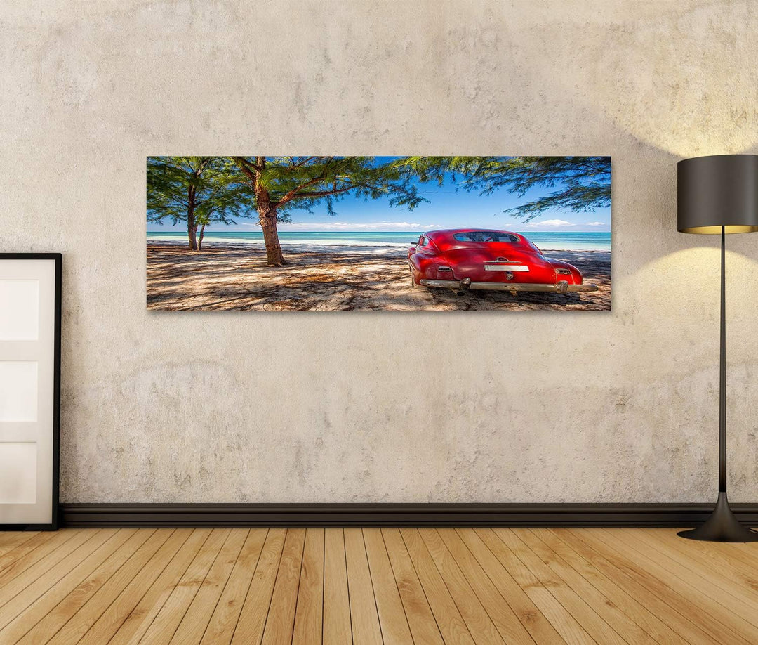 islandburner Bild auf Leinwand Oldtimer Rot Strand Kuba Bilder Wandbilder Poster Leinwand 120x40cm -