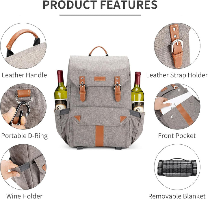 HappyPicnic Insulated Picknickrucksack für 4 Personen mit komplettem Geschirrset, geräumigem Kühlfac