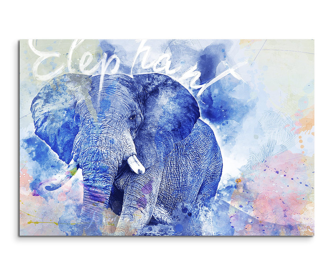 Paul Sinus Art Bild Leinwand 120x80cm Grosser Elefant in Blautönen mit Kalligraphie, 120x80cm