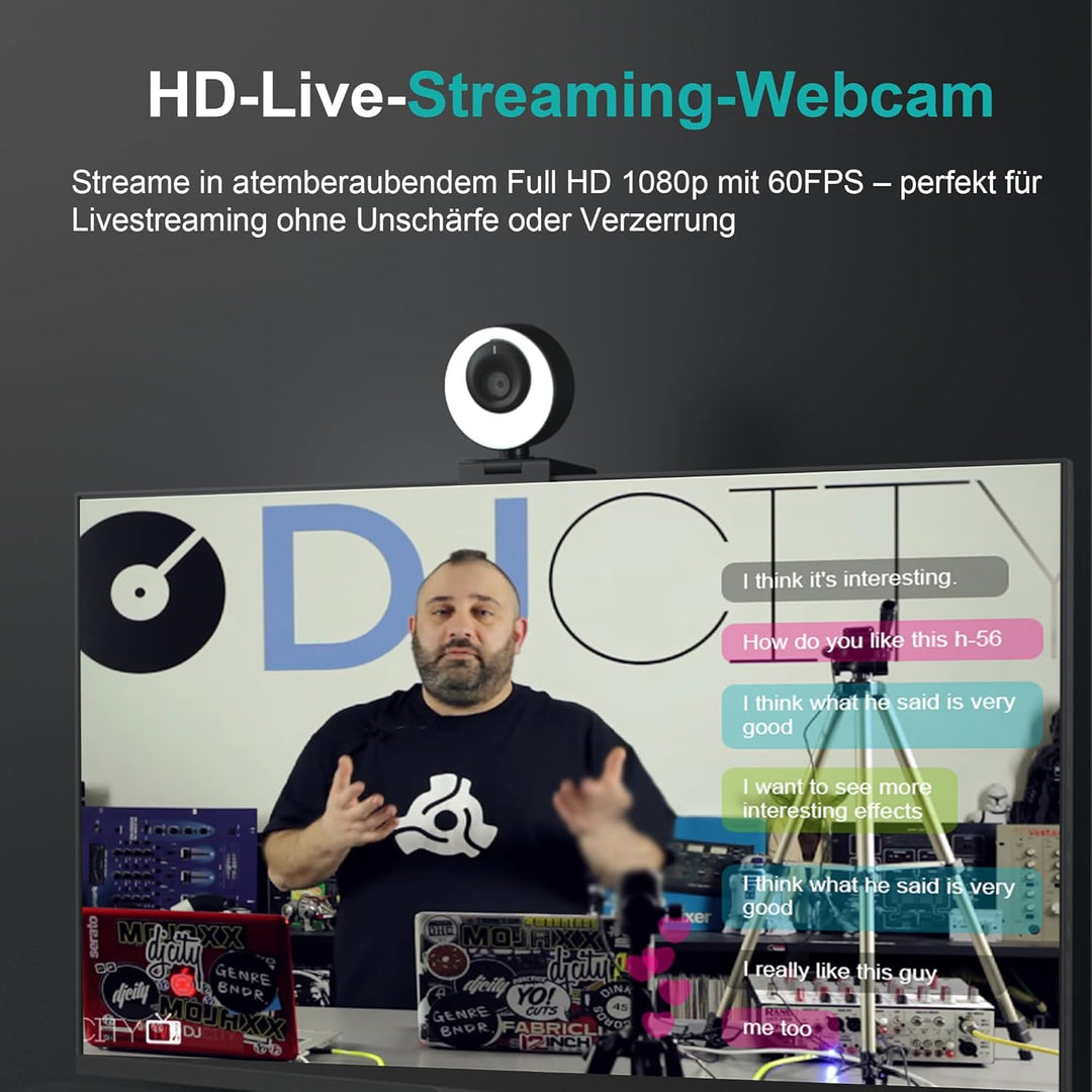 1080P Webcam mit Mikrofon, 60 FPS, Ringlicht mit 3 Lichtmodi, Autofokus, 89° Weitwinkel, Full-HD, Vi