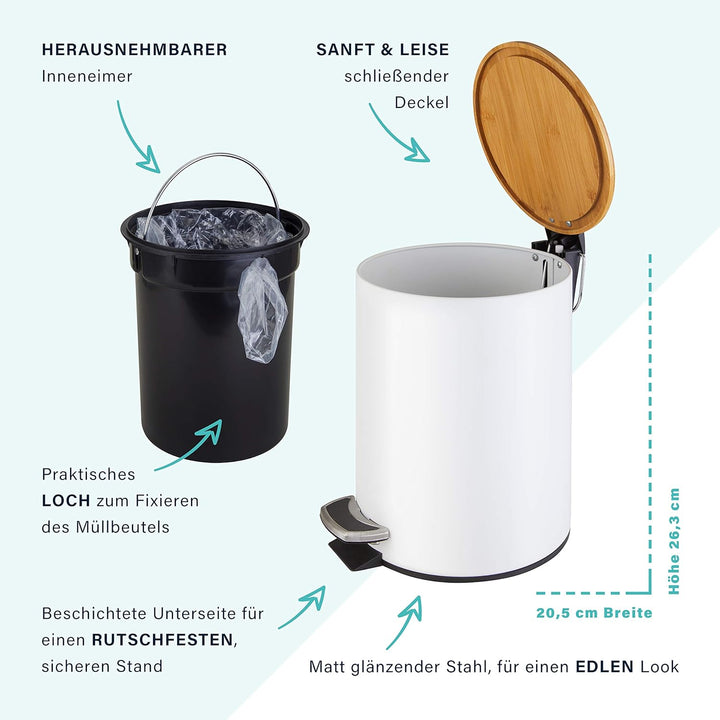 HIBATH® Kosmetikeimer mit Bambusdeckel - Badezimmer Mülleimer mit softclose Absenkautomatik - hochwe