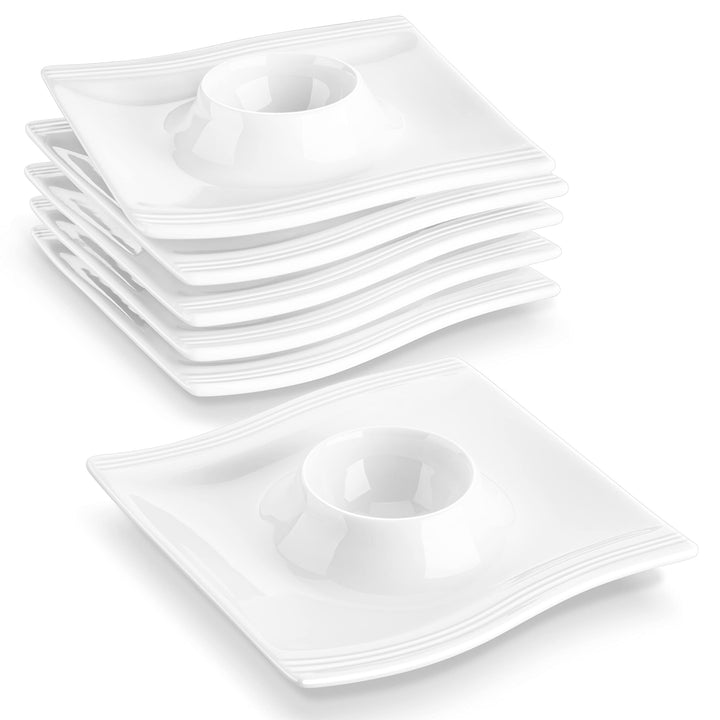 MALACASA, Serie Flora, 6 TLG. Eierbecher Set, Cremeweiss Porzellan Eierbecher mit Ablage, Eierstände