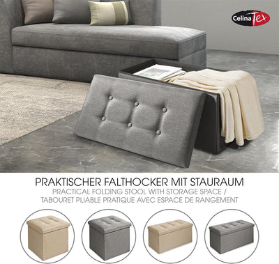 CelinaTex Falthocker XL 76 x 38 x 38 cm grau Sitzbank mit Stauraum Truhe faltbar mit Deckel gepolste