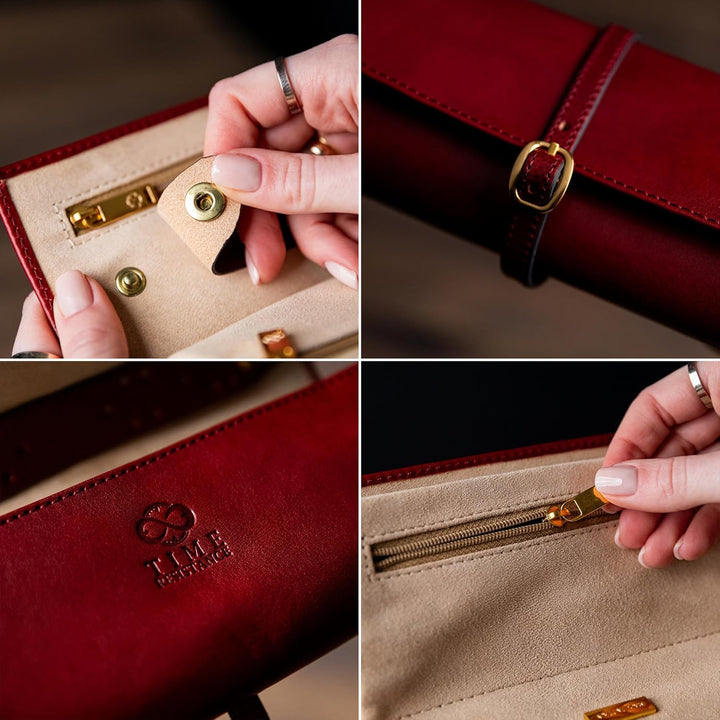 Time Resistance Rot Leder Schmuck Organizer – 100% Leder Schmuckrolle für Reisen Hergestellt in Ital