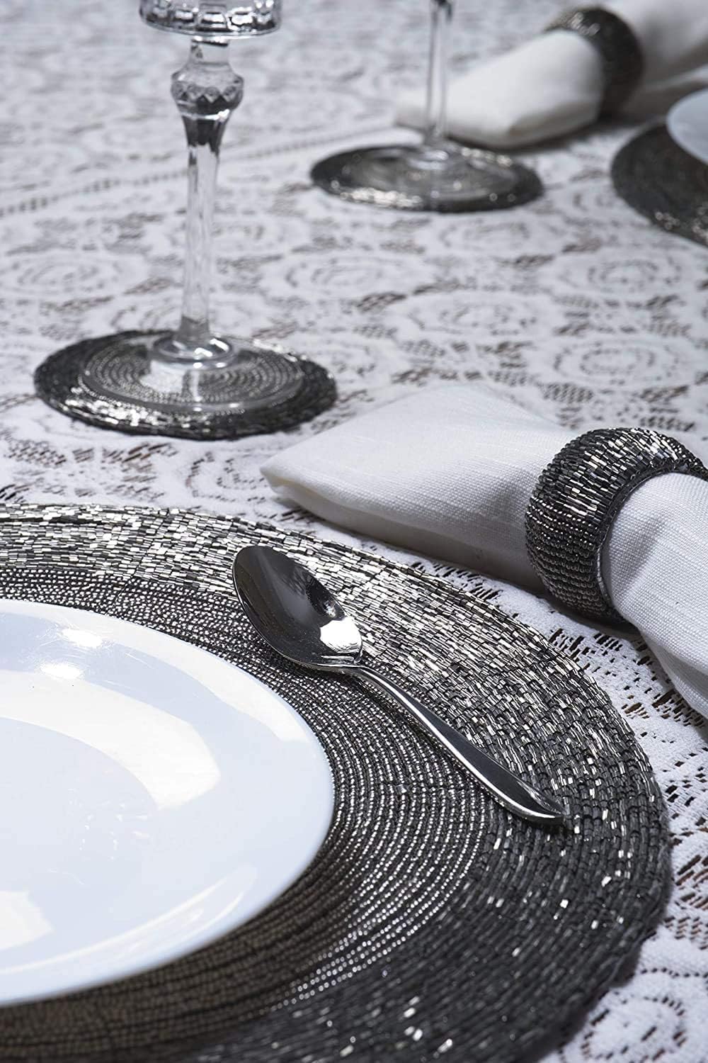 Penguin Home® Set von 12 Tischsets mit Glasperlen, Untersetzer und Serviettenringe - Antik Silber Fa