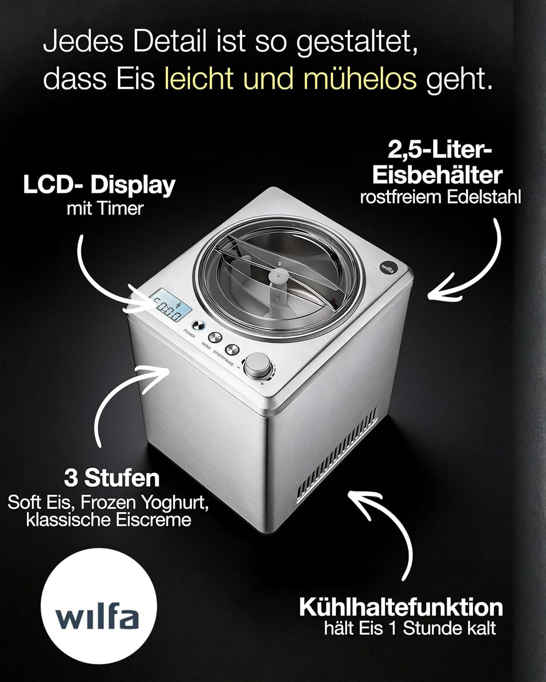 Wilfa VANILLA Eismaschine - 2,5 Liter - selbstkühlender Kompressor 250W - Timer-Funktion - Kühlhalte