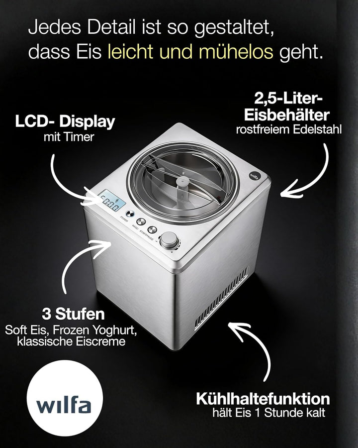 Wilfa VANILLA Eismaschine - 2,5 Liter - selbstkühlender Kompressor 250W - Timer-Funktion - Kühlhalte