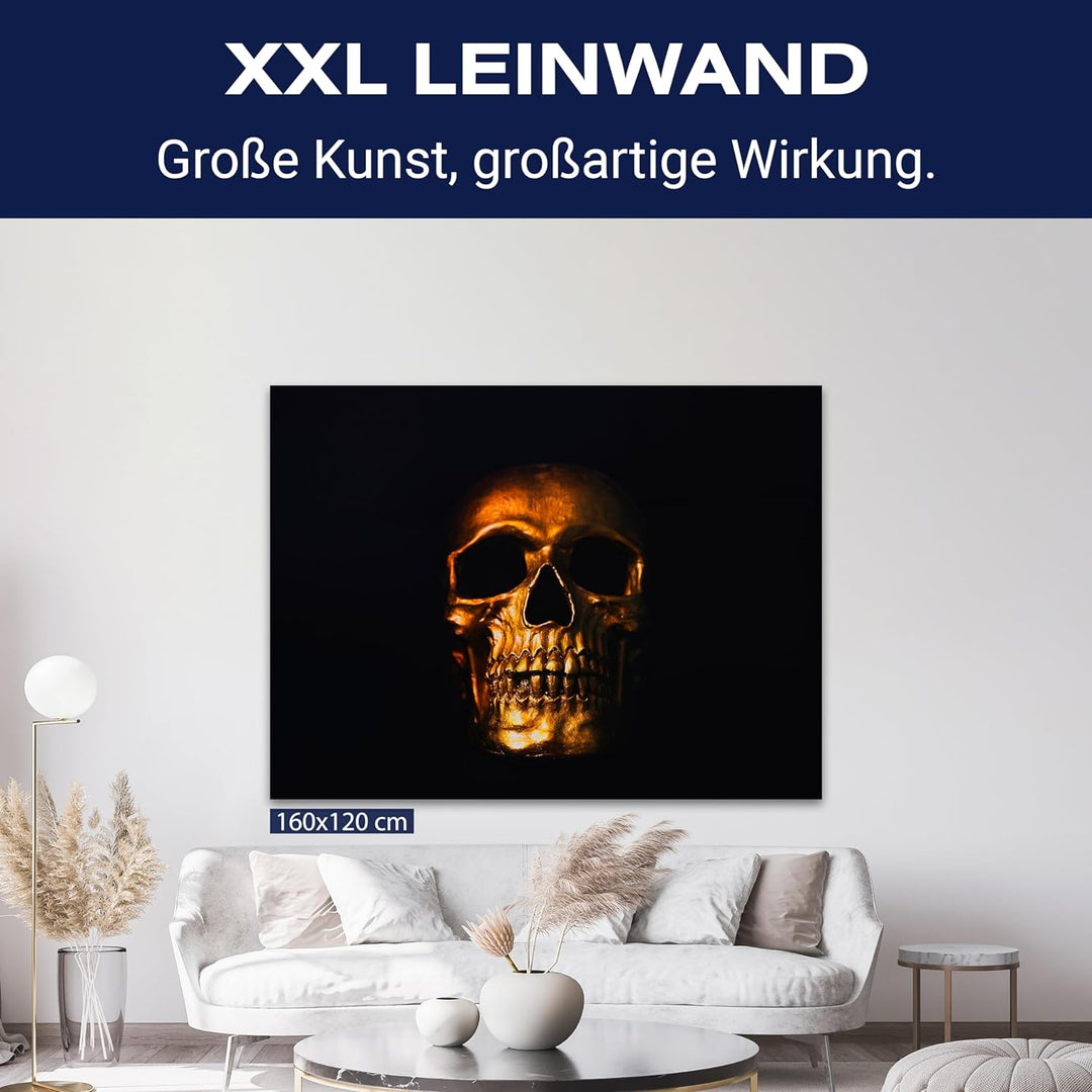 wandmotiv24 Leinwand-Bilder Totenköpfe, Grösse 60x45cm, Querformat, Totenkopf in Gold, Knochen, Dunk