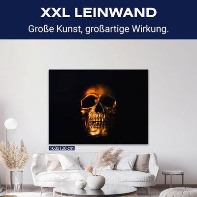 wandmotiv24 Leinwand-Bilder Totenköpfe, Grösse 100x75cm, Querformat, Totenkopf in Gold, Knochen, Dun