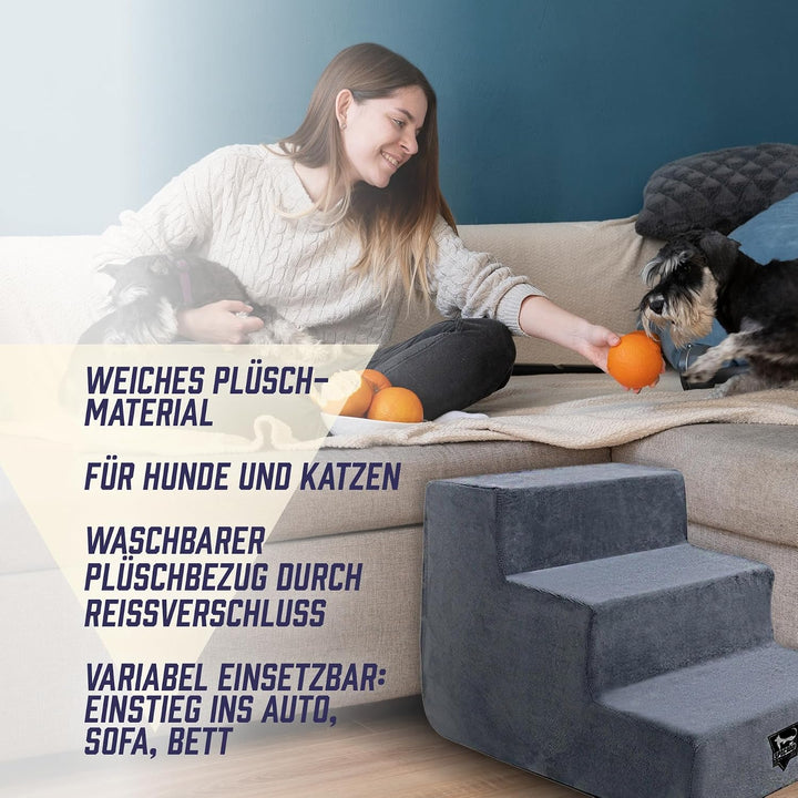 Albion Haustiertreppe | 3-stufige Hundetreppe mit Plüschbezug | Katzentreppe für Sofa, Bett &amp; Auto |