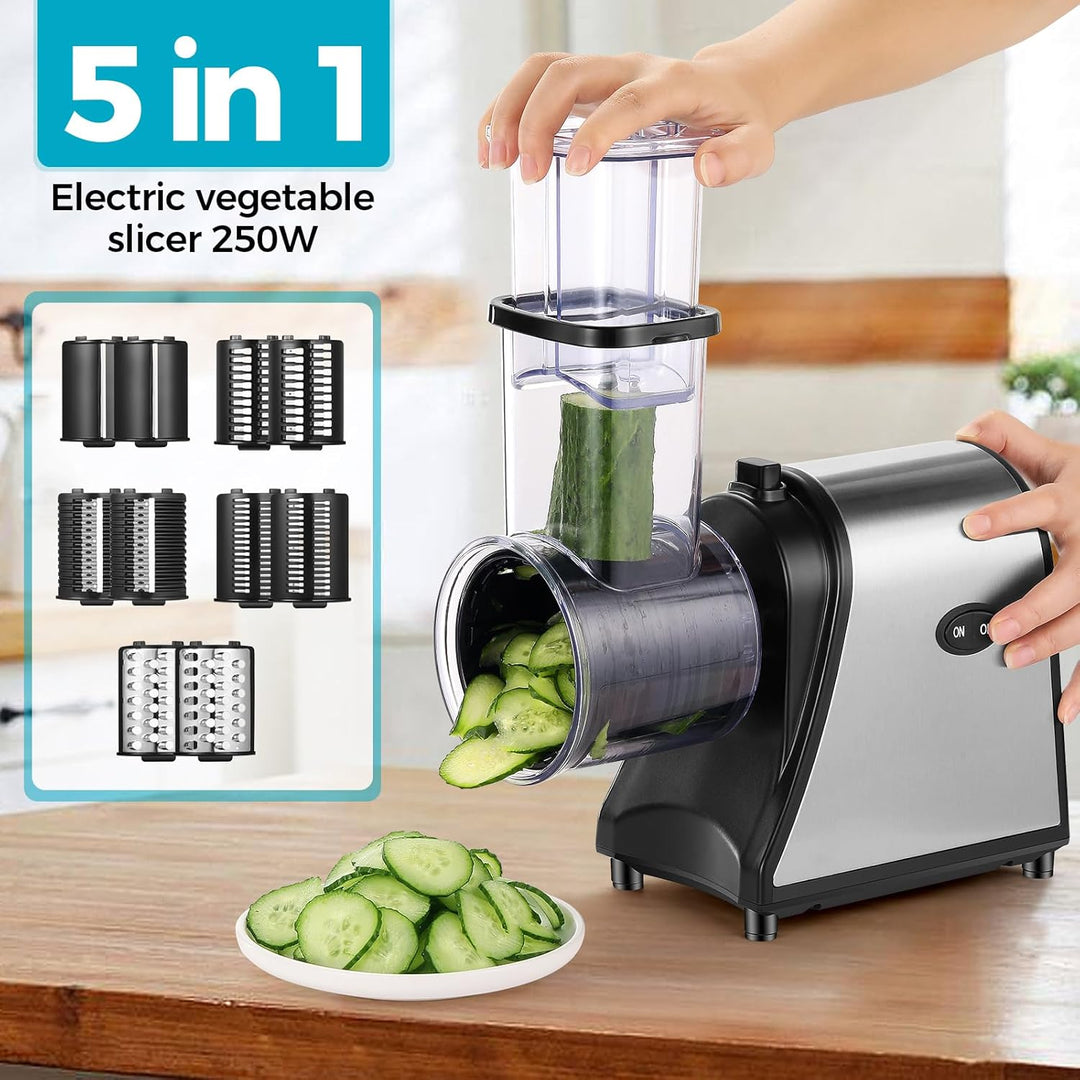 Profi Gemüsehobel Elektrisch 250W, 5-in-1 Edelstahl Gemüseschneider Küchenreibe mit 5 Klingen und Gr