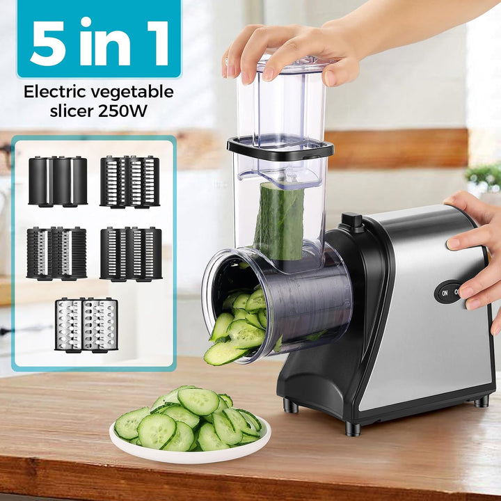 Profi Gemüsehobel Elektrisch 250W, 5-in-1 Edelstahl Gemüseschneider Küchenreibe mit 5 Klingen und Gr