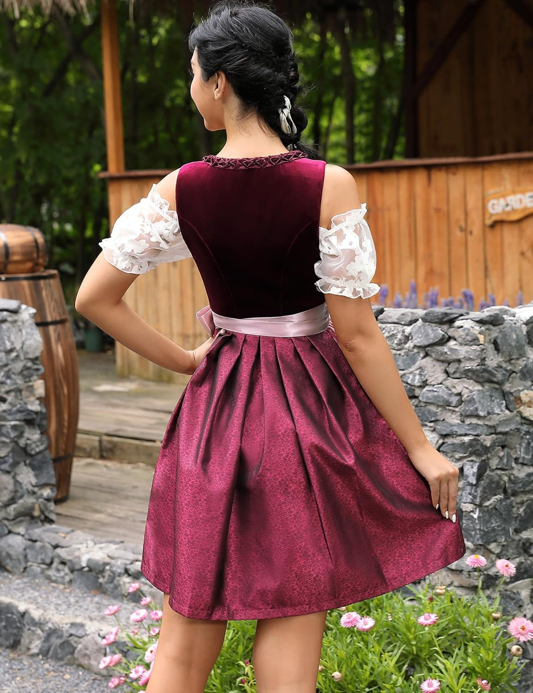 KOJOOIN Trachtenkleid Damen Dirndl Kurz Midi 3tlg. für Oktoberfest-DREI Teilig: Kleid, Bluse, Schürz
