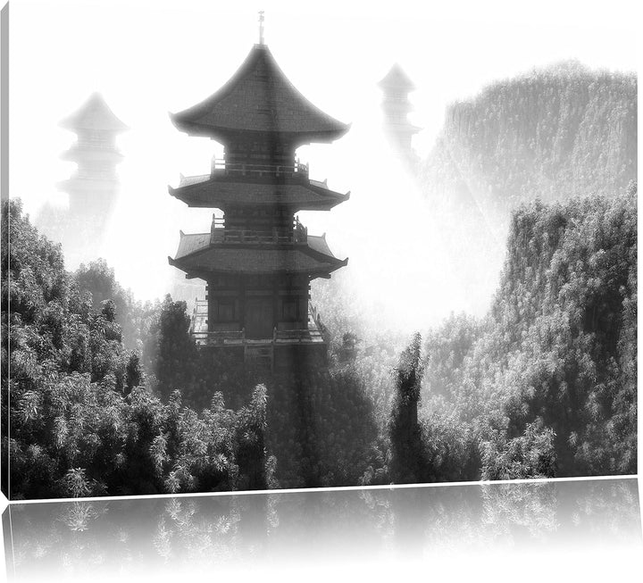Pixxprint chinesische Häuser Kunst B&W als Leinwandbild/Grösse: 100x70 / Wandbild/Kunstdruck/fertig