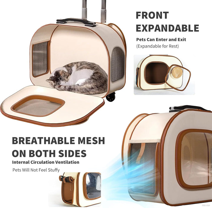 PETCUTE Hundetransportbox mit Rollen,Faltbarer Katzenrucksack mit Innerer Sicherheitsleine,Tragbar u