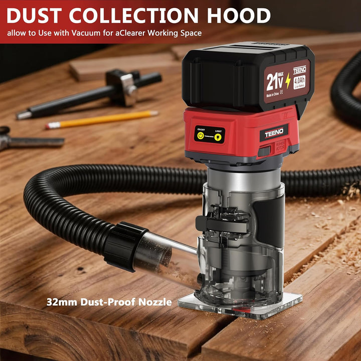 Akku-Holzhobel 20V, tragbare Mini Oberfräse mit 2 x 4,0 Ah Akkus und bürstenlosem Motor, 6 variable