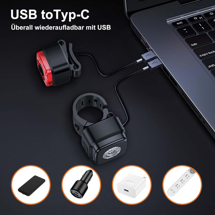 Fahrradlicht Set,IPX5 Wasserdicht Frontfahrrad Lampe Rücklicht Fahrrad licht,USB Typ-C Wiederaufladb