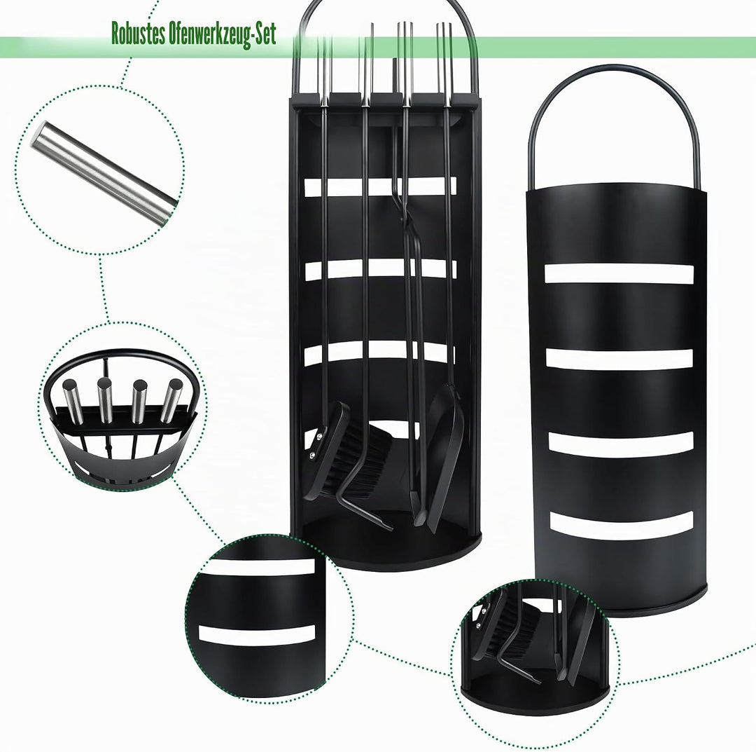 Edelstahl Kaminbesteck 5-Teilig Modern Ofenbesteck Set mit Metallgriff Kaminofen Besteck inkl. Schür