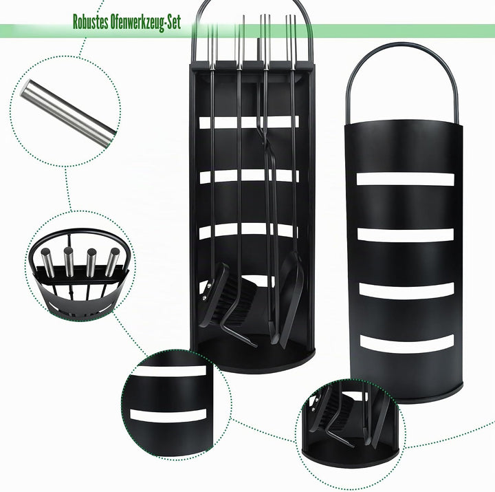 Edelstahl Kaminbesteck 5-Teilig Modern Ofenbesteck Set mit Metallgriff Kaminofen Besteck inkl. Schür