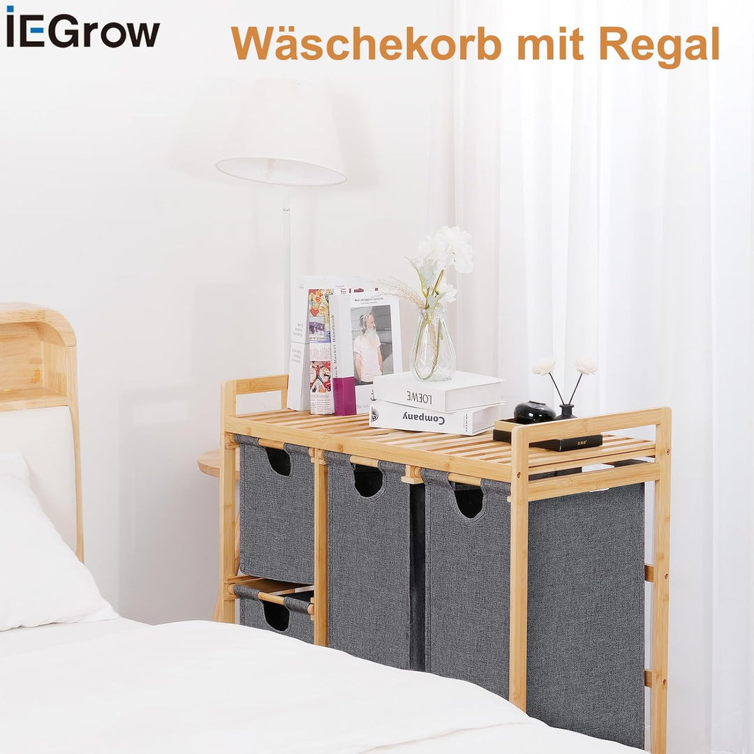 iEGrow Wäschekorb 4 Fächer 150L, Wäschesammler 4 Fächer, Bambus Wäschewagen mit Ablage für Schmutzwä
