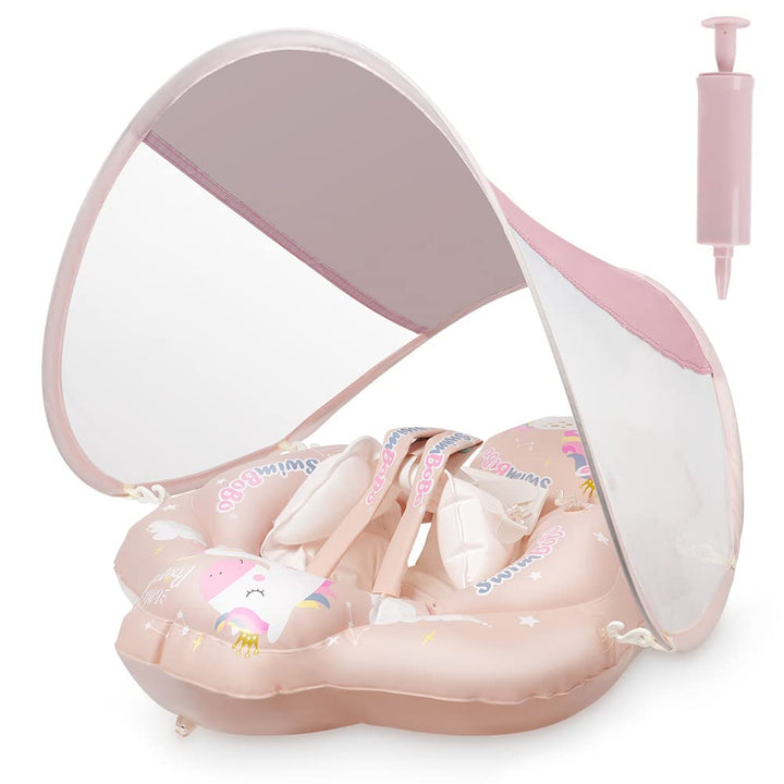 Vicloon Baby Schwimmring,Baby Float mit abnehmbarem Sonnendach,Niedliches rosa Pferdemuster Baby Sch