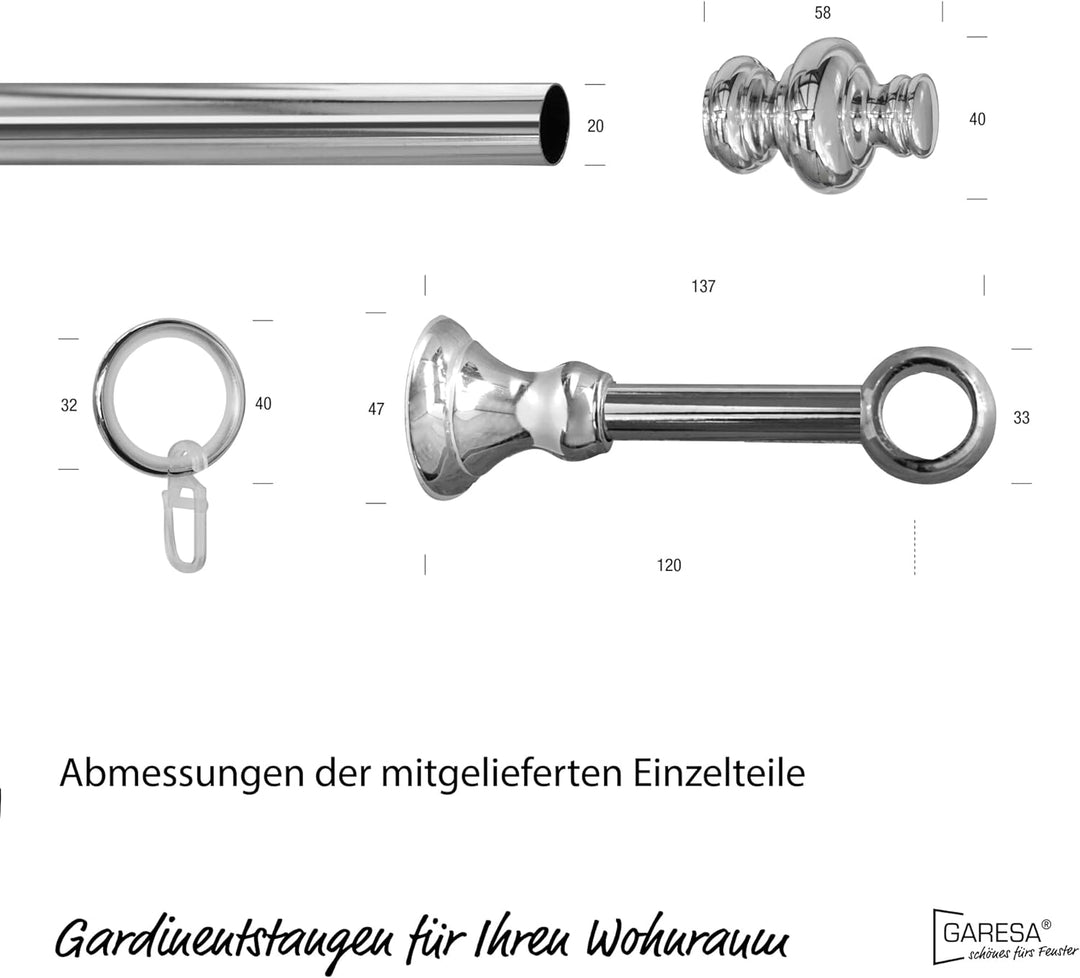 Garesa Gardinenstange Andrea Ø 20mm, 1-läufig, Chrom I Stabile Vorhangstange inkl. Ringe + Faltenleg