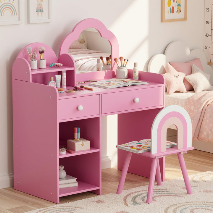 Clevich Schminktisch Kinder Set, 2 in 1 Kinderschminktisch mit Spiegel, 2 Schubladen, Schliessfächer