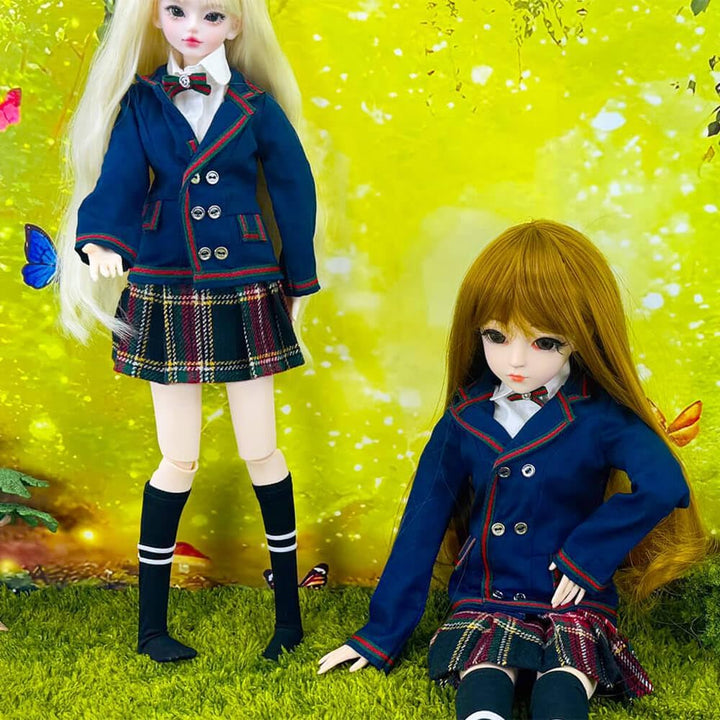 niannyyhouse 1/3 1/4 BJD Puppen Kleidung Mantel Hemd Plaid Faltenrock Socken Europäische Dunkelblau