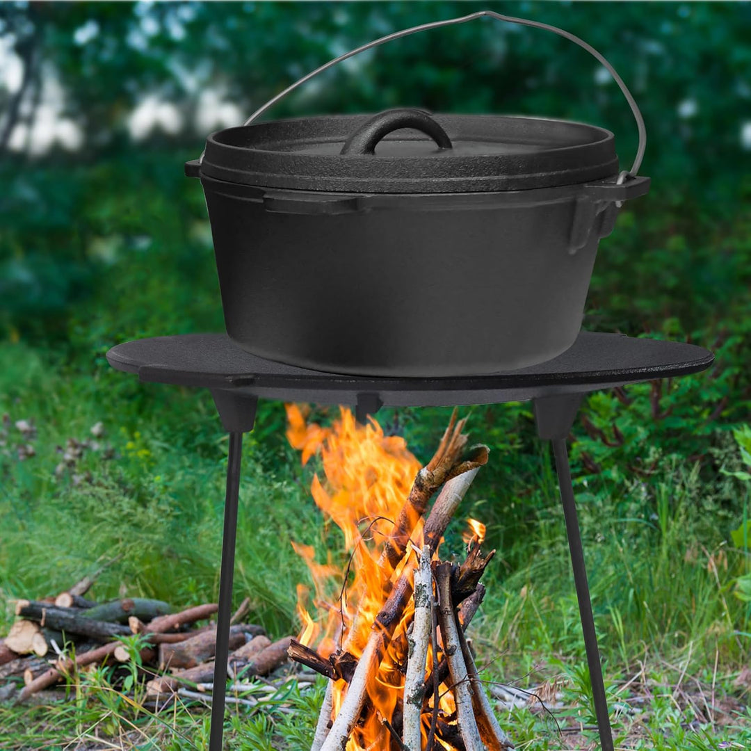 LZQ Gusseisengrillpfanne Rund Ø45cm, BBQ-Dreibein, Abnehmbare Grillplatte, Dutch Oven, Grillzubehör