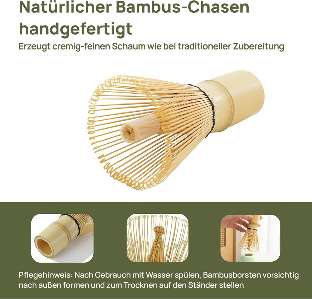 Matcha Set 7-tlg, Hellgrün Matcha Schale aus Keramik mit Matcha Besen aus Bambus und Besenhalter, Si