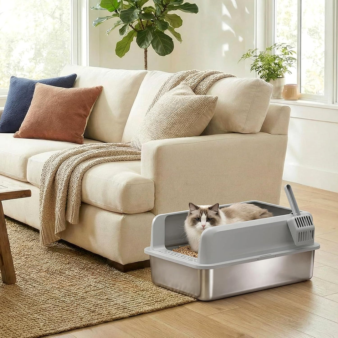 Lifewit Grosse Katzenklo Edelstahl mit Schaufel, Offene Katzentoilette mit hohem Rand für Mittelgros