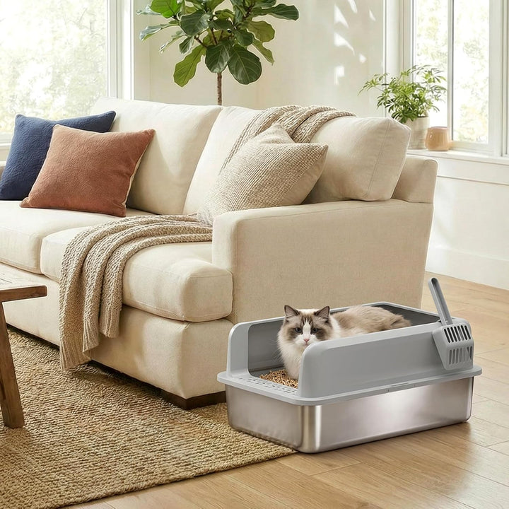 Lifewit Grosse Katzenklo Edelstahl mit Schaufel, Offene Katzentoilette mit hohem Rand für Mittelgros