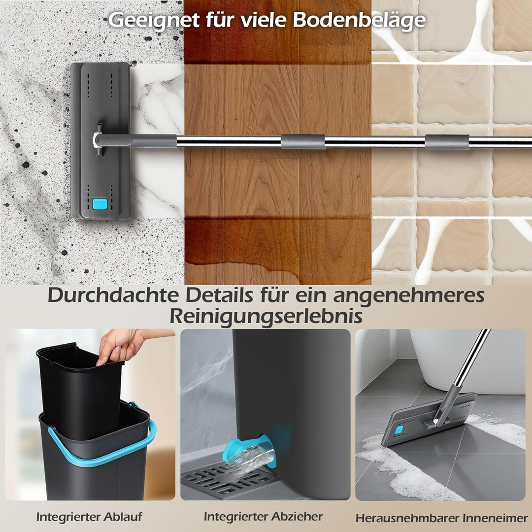 MASTERTOP Flach Wischmopp-Eimer , 6 Wiederverwendbare Mikrofaser-Pads, 140 cm verlängerter Edelstahl