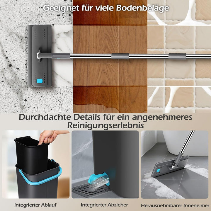 MASTERTOP Flach Wischmopp-Eimer , 6 Wiederverwendbare Mikrofaser-Pads, 140 cm verlängerter Edelstahl