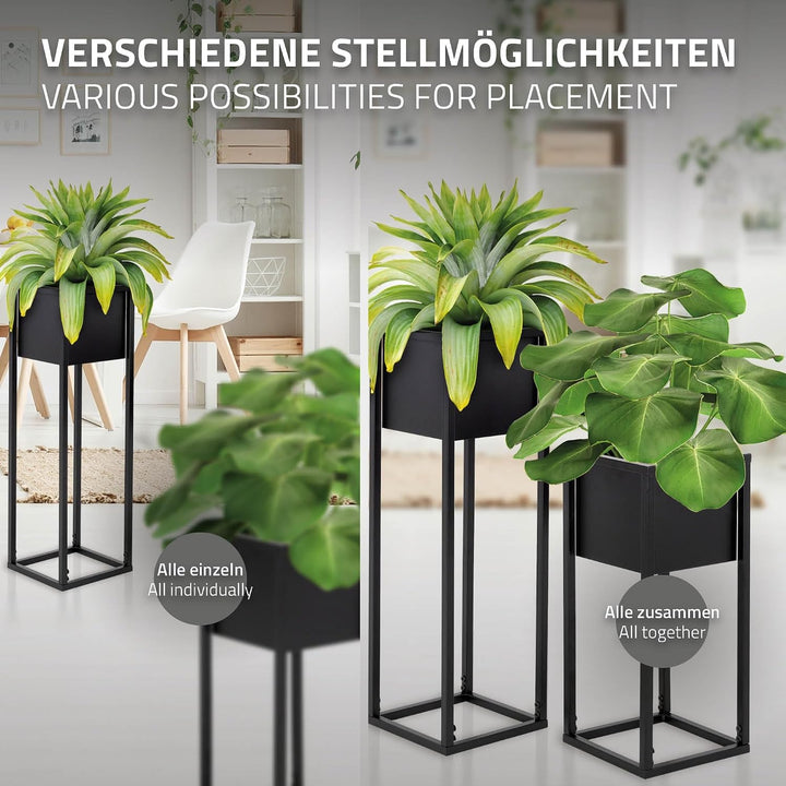 ML-Design Blumenständer im 2er Set, Schwarz, 21 x 50/70 x 21 cm, Moderne Blumentopfständer mit Übert