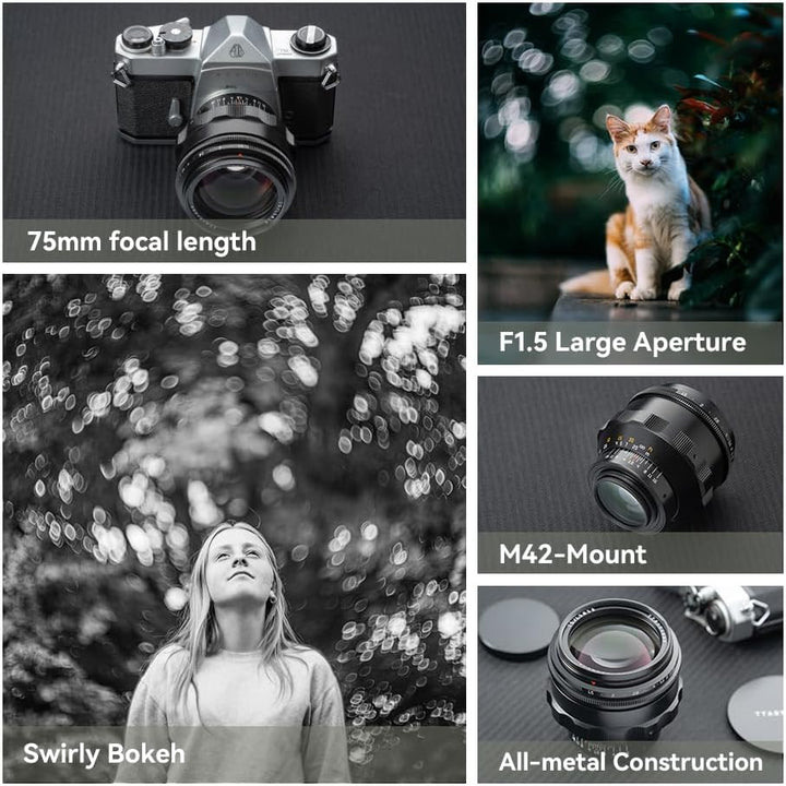 TTARTISAN 75mm f1.5 Swirly Bokeh Objektiv, manuelles Vollformat-Objektiv mit grosser Blende für M42-