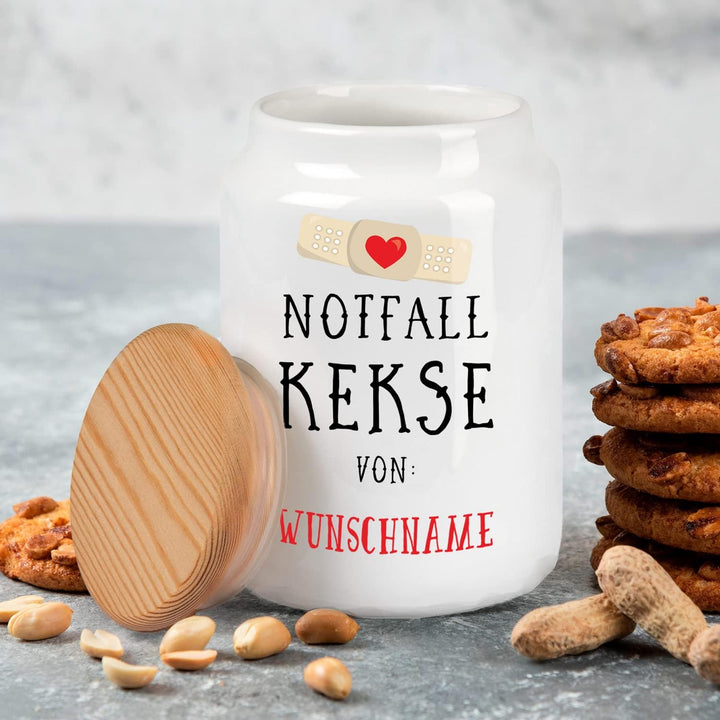 Sunnywall personalisierbare Notfall Keksdose mit Wunschname - Keramik weiss mit Echtholzdeckel 700 m