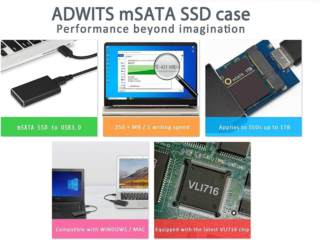 USB 3.0 UASP zu mSATA 3030/3050 SSD SuperSpeed Adapter, Aluminium Externe Festplatte Gehäuse für Sam