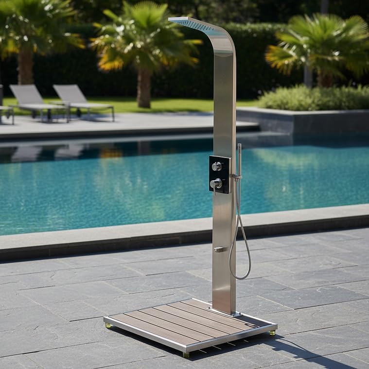 IDEAL Kalt- und Warmwasserdusche HELENA mit Edelstahlfront Edelstahl V2A gebürstet | Inkl. Bodenplat