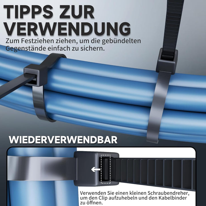 ZENIX Kabelbinder Schwarz 4.8mm x 300mm, 1000 Stück Kabelbinder UV Beständig lang, Schwarze Binder m